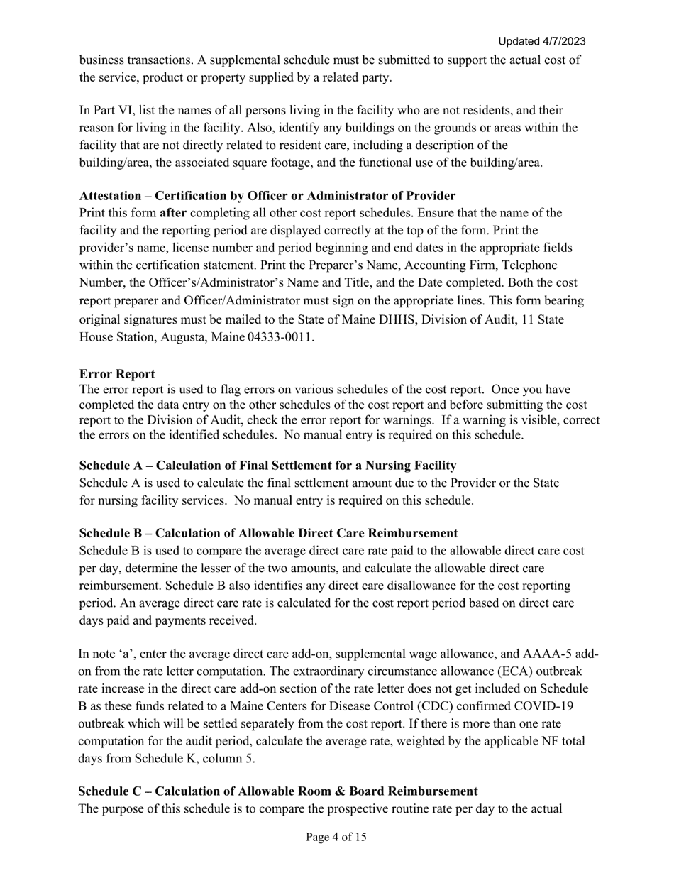 Instructions for Mainecare Cost Report for Nursing Care Facilities - Multi-Level With 1 Rcf and Cbs Unit - Maine, Page 4