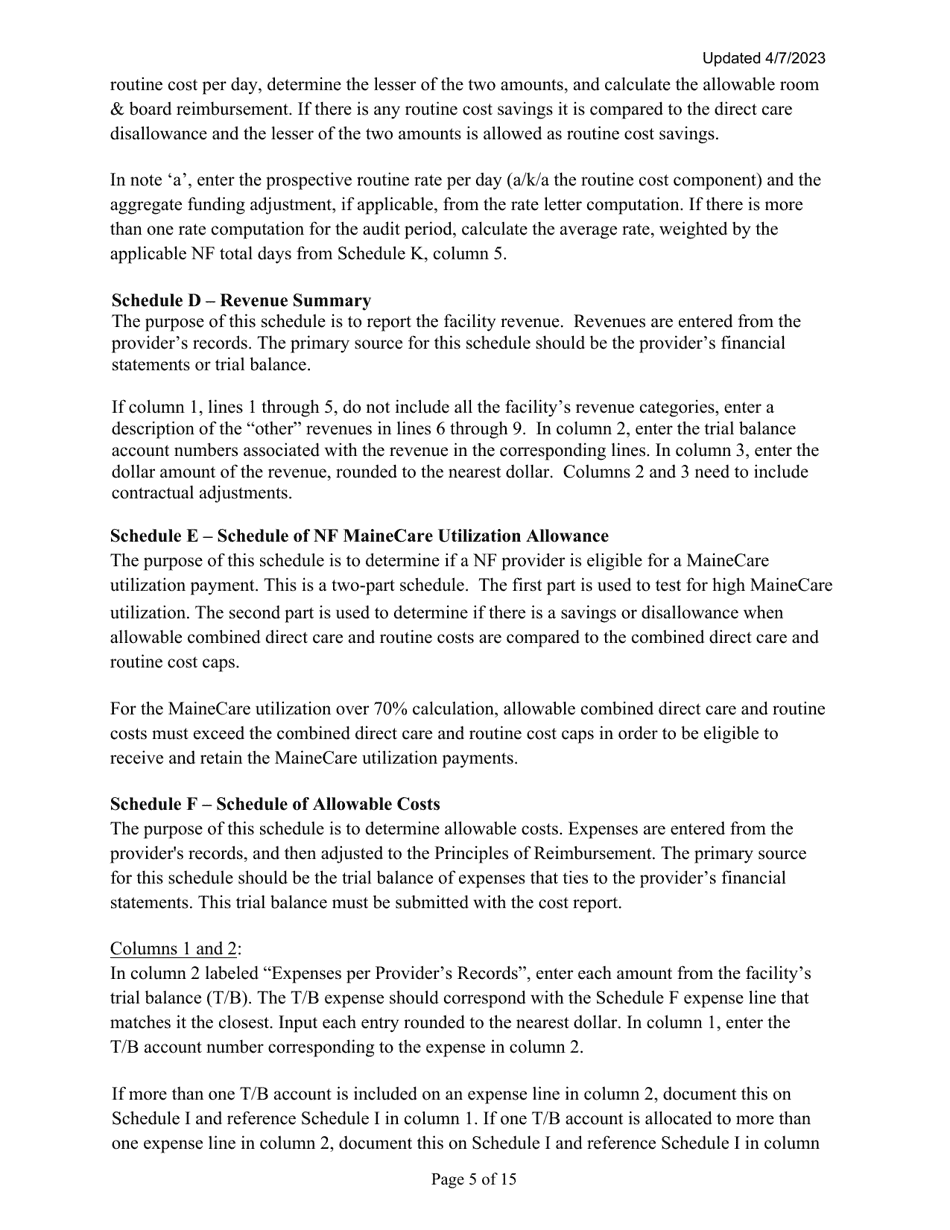Instructions for Mainecare Cost Report for Nursing Care Facilities - Multi-Level With 1 Rcf and Cbs Unit - Maine, Page 5