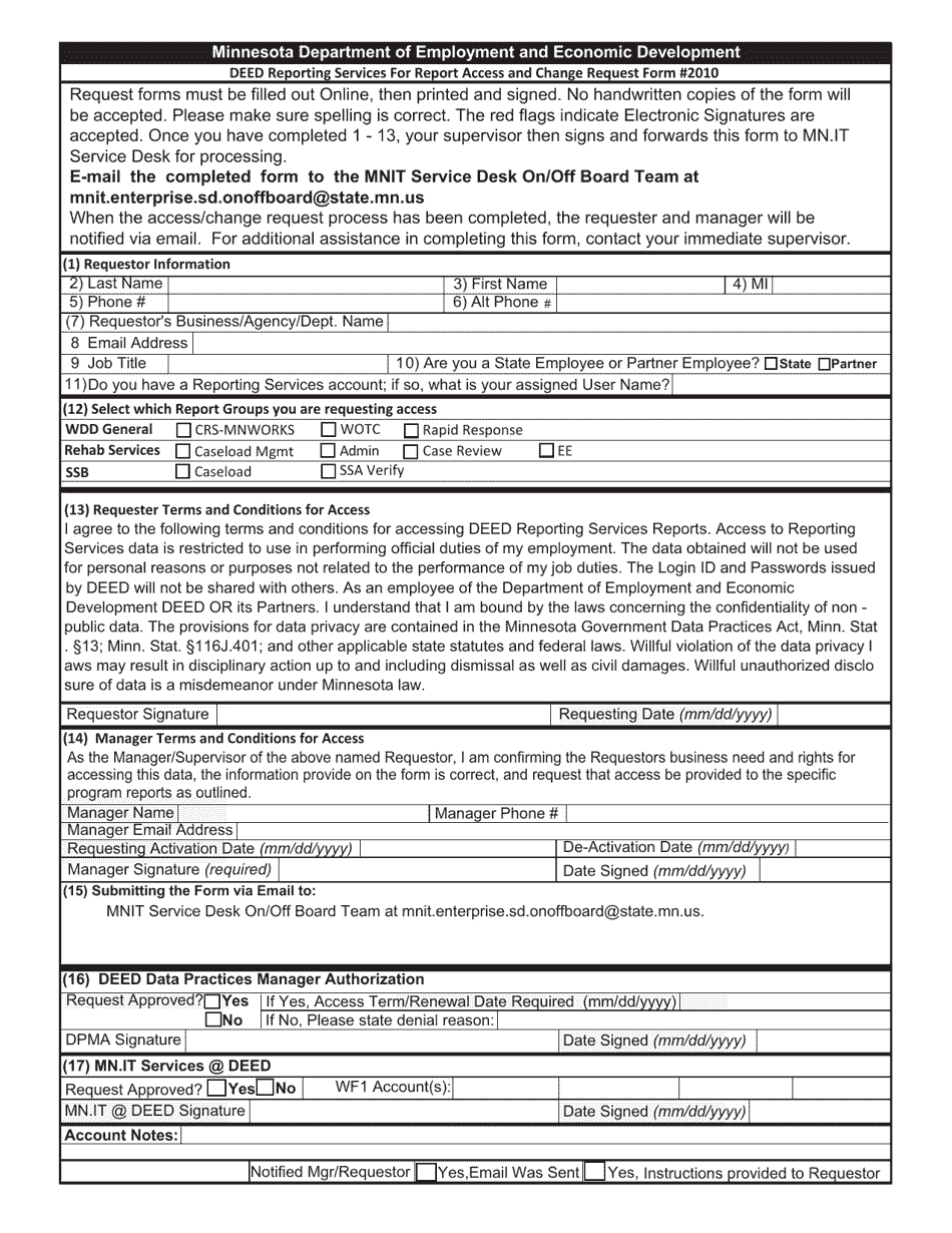 Form 2010 Deed Reporting Services for Report Access and Change Request Form - Minnesota, Page 1