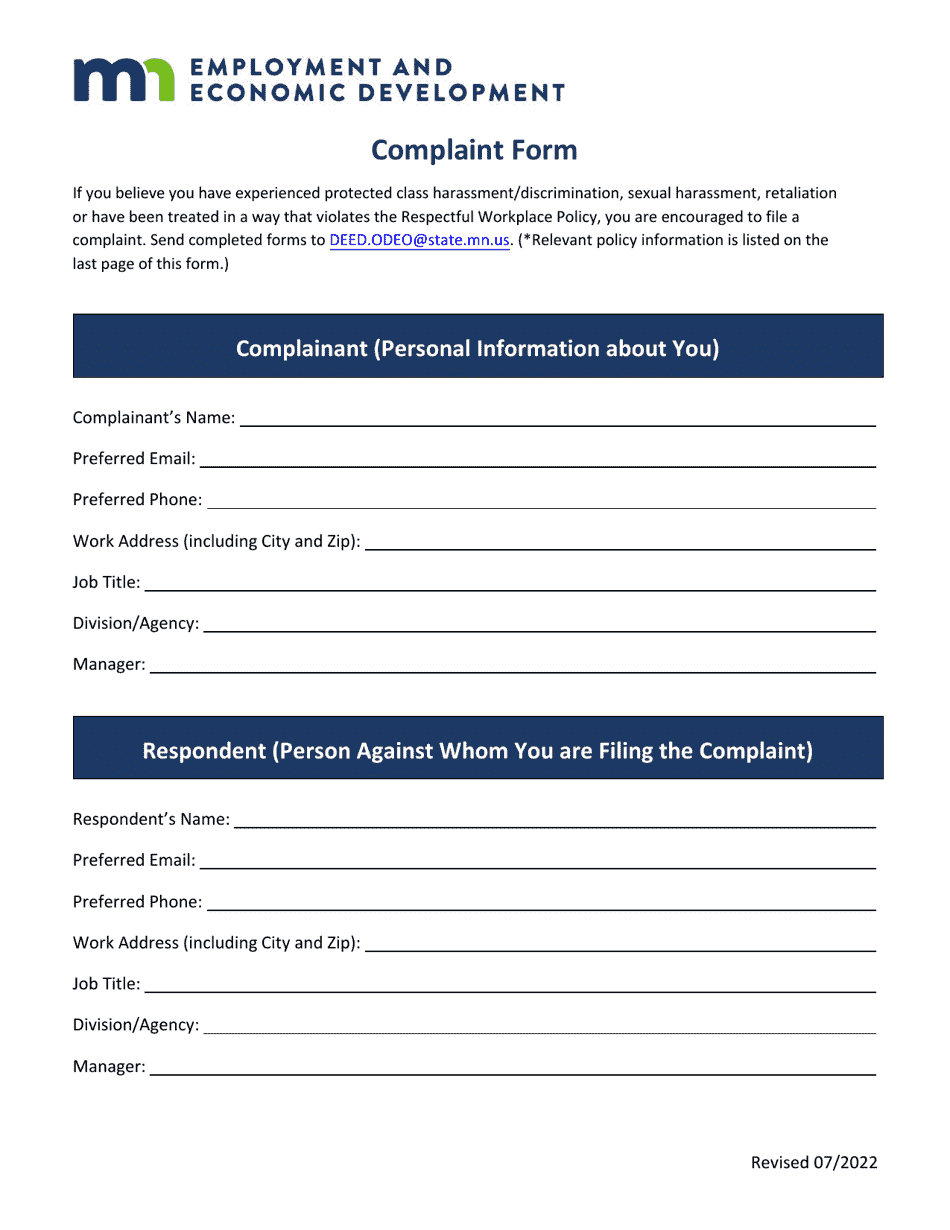 Complaint Form - Minnesota, Page 1