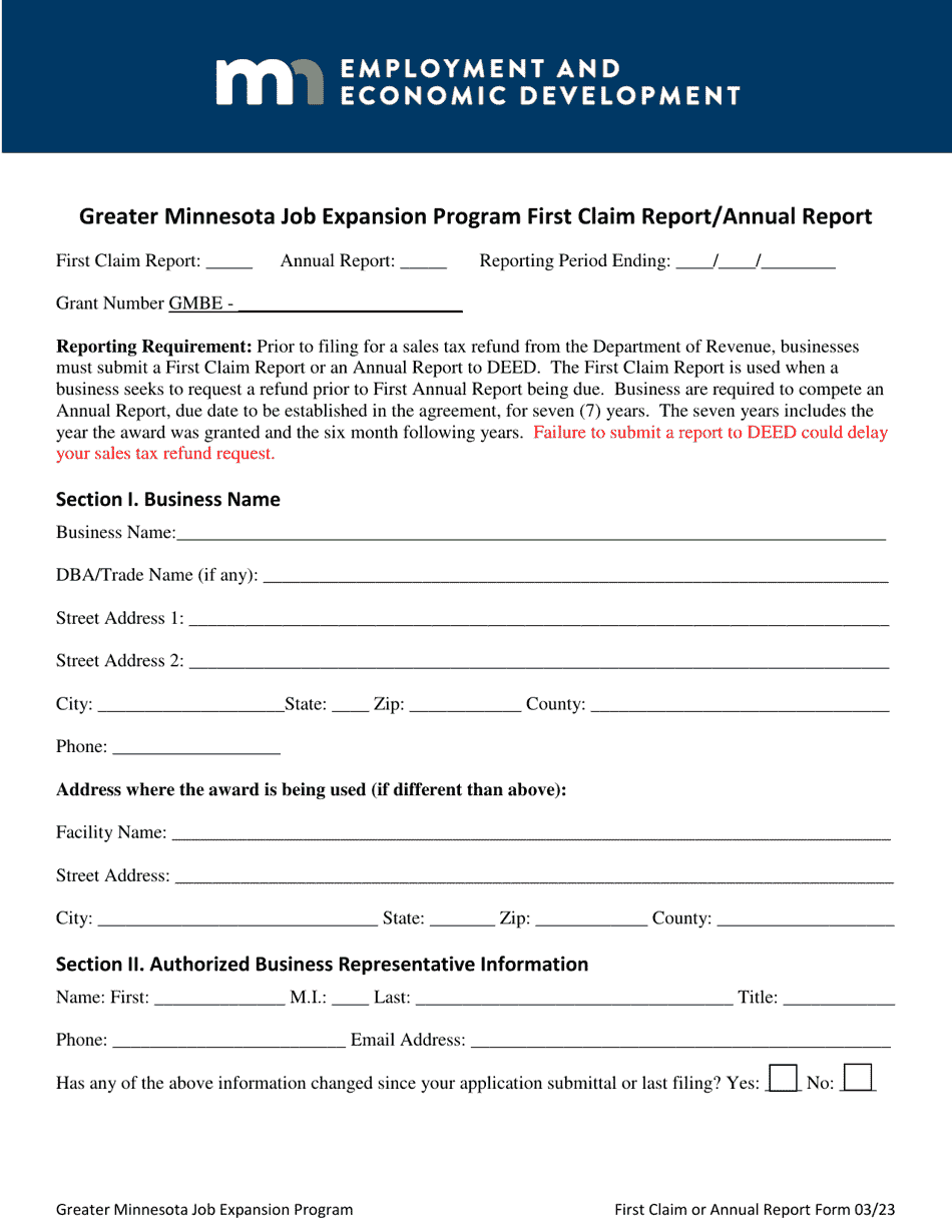 Greater Minnesota Job Expansion Program First Claim Report / Annual Report - Minnesota, Page 1