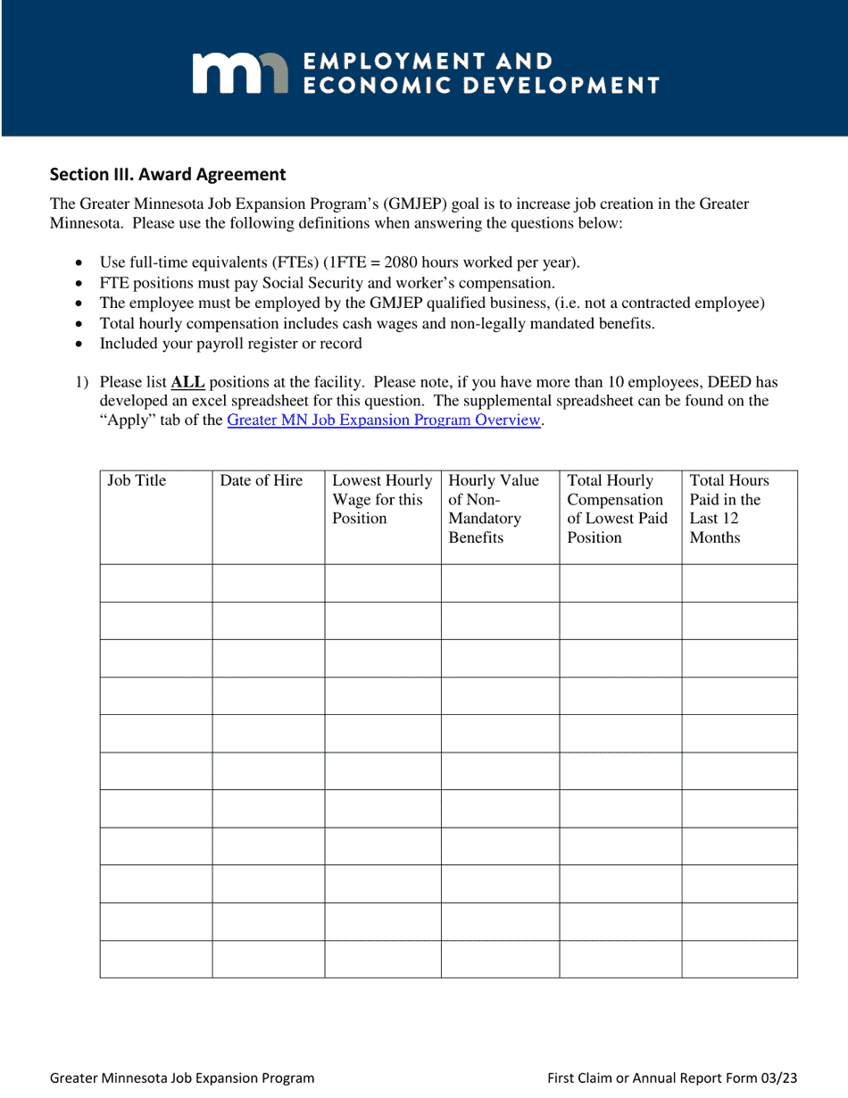 Greater Minnesota Job Expansion Program First Claim Report / Annual Report - Minnesota, Page 2
