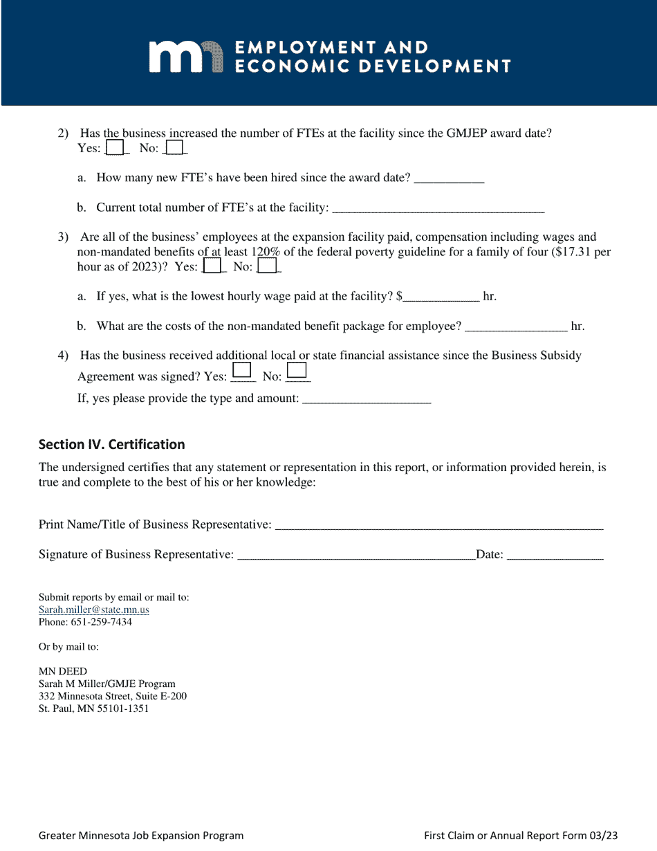 Greater Minnesota Job Expansion Program First Claim Report / Annual Report - Minnesota, Page 3