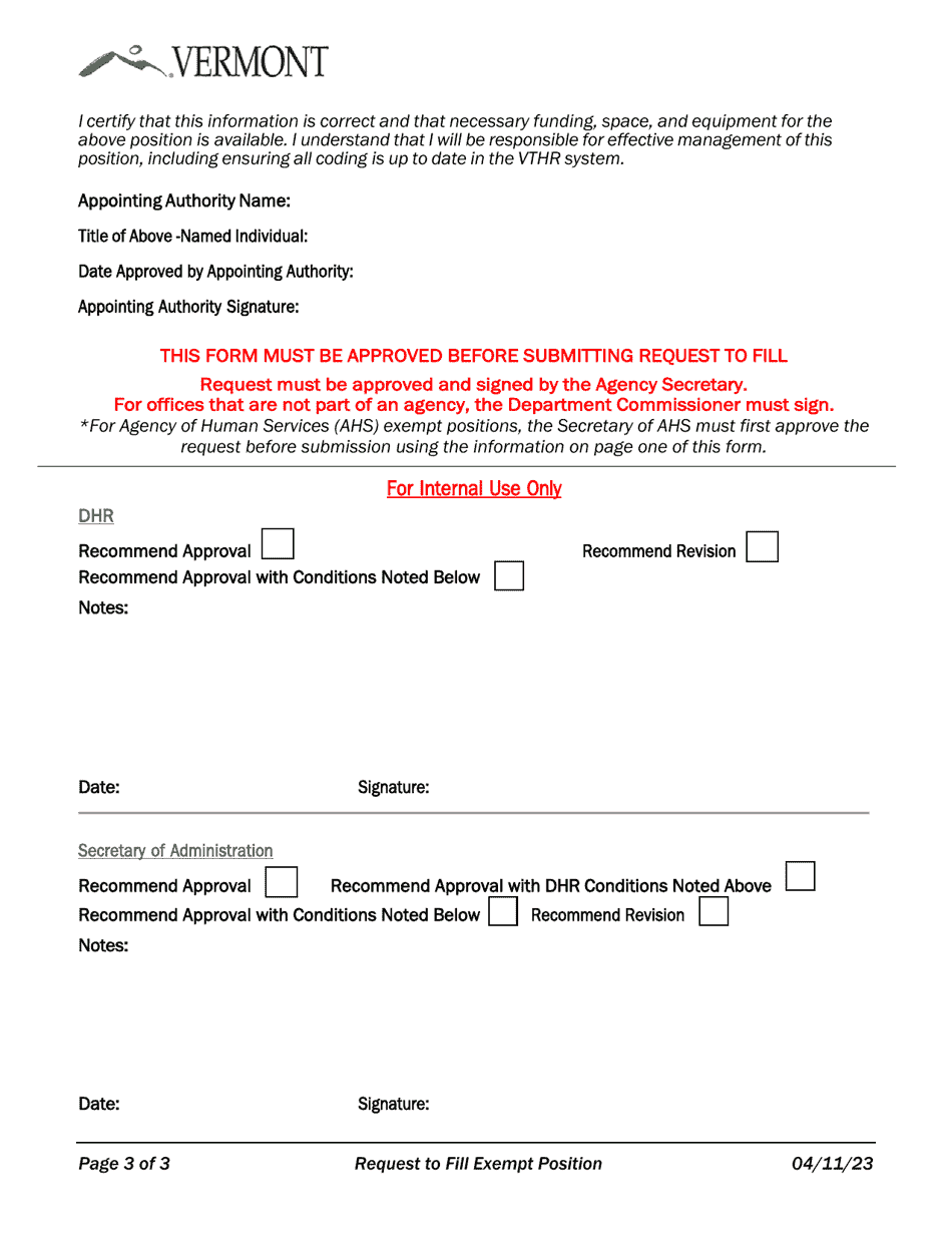 Request to Fill an Exempt Position - Vermont, Page 3