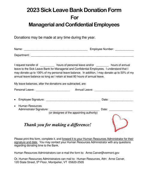 Sick Leave Bank Donation Form for Managerial and Confidential Employees - Vermont, 2023