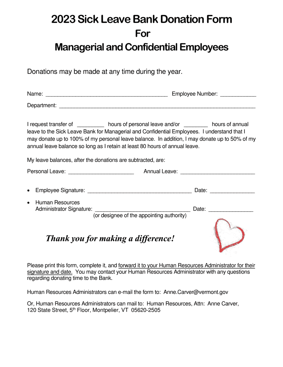 2023 Vermont Sick Leave Bank Donation Form For Managerial And Confidential Employees Fill Out 7071