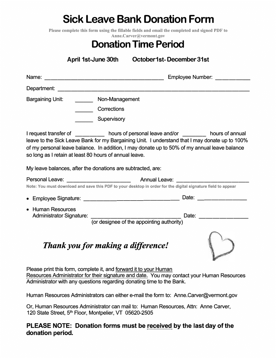 Sick Leave Bank Donation Form - Vermont, Page 1