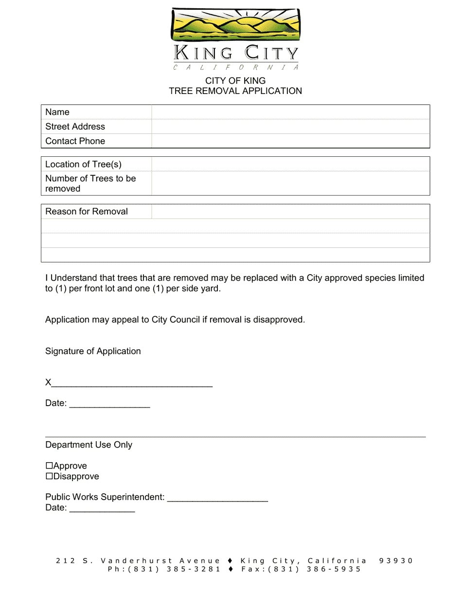 Tree Removal Application - City of King, California, Page 1