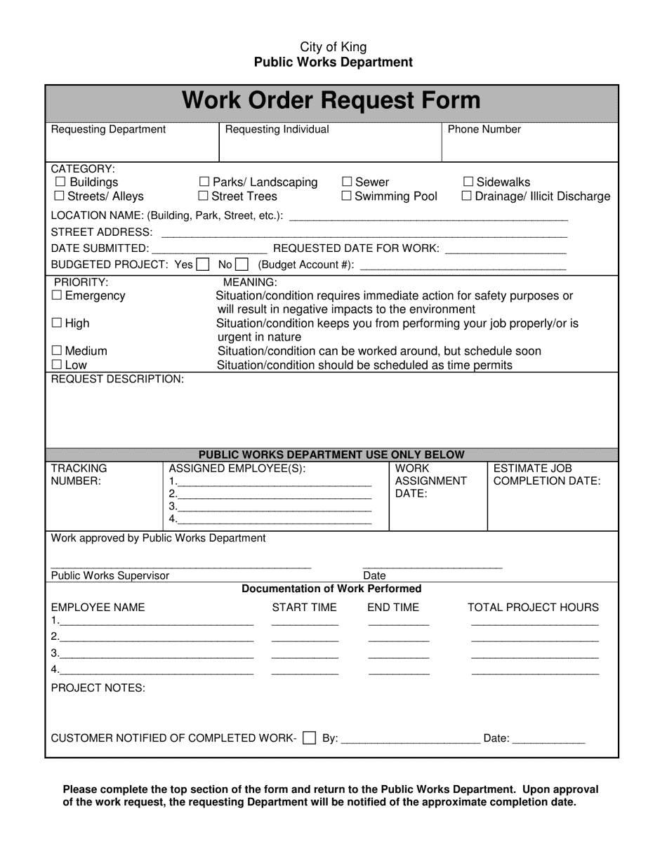 Work Order Request Form - City of King, California, Page 1
