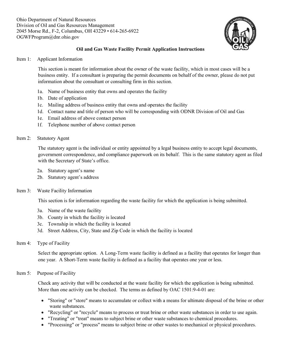 Instructions for Oil and Gas Waste Facility Permit Application - Ohio, Page 1