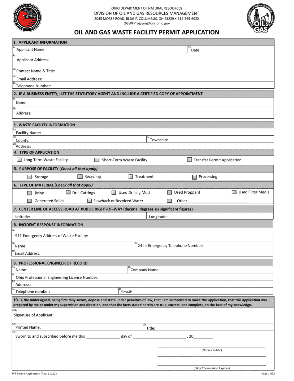 Oil and Gas Waste Facility Permit Application - Ohio, Page 1