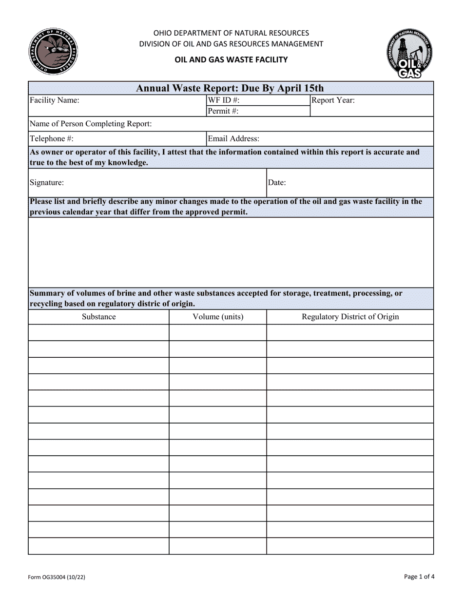 Form OG35004 Annual Waste Report - Ohio, Page 1