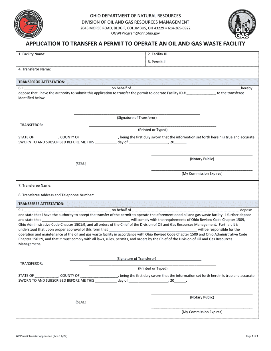 Application to Transfer a Permit to Operate an Oil and Gas Waste Facility - Ohio, Page 1