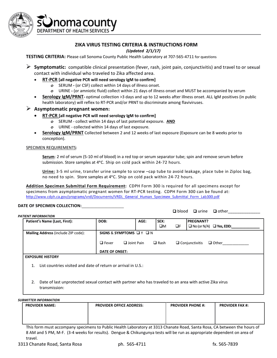 Zika Virus Testing Criteria  Instructions Form - Sonoma County, California, Page 1