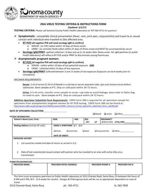 Zika Virus Testing Criteria & Instructions Form - Sonoma County, California Download Pdf