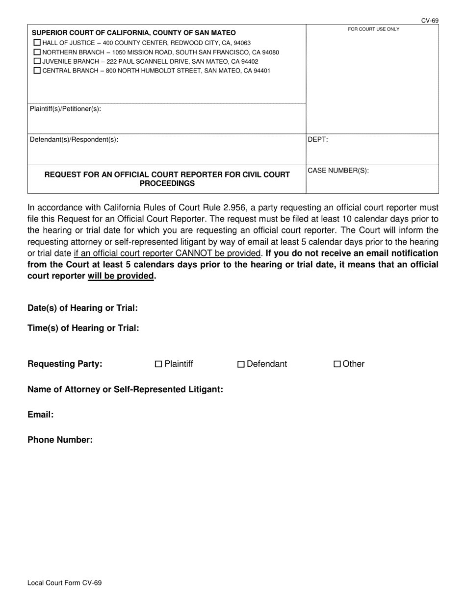 Form CV-69 Request for an Official Court Reporter for Civil Court Proceedings - County of San Mateo, California, Page 1