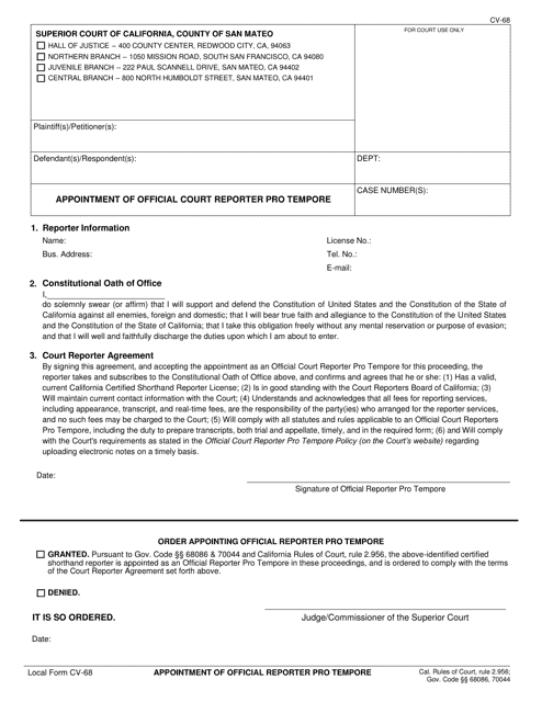 Form CV-68 Appointment of Official Court Reporter Pro Tempore - County of San Mateo, California