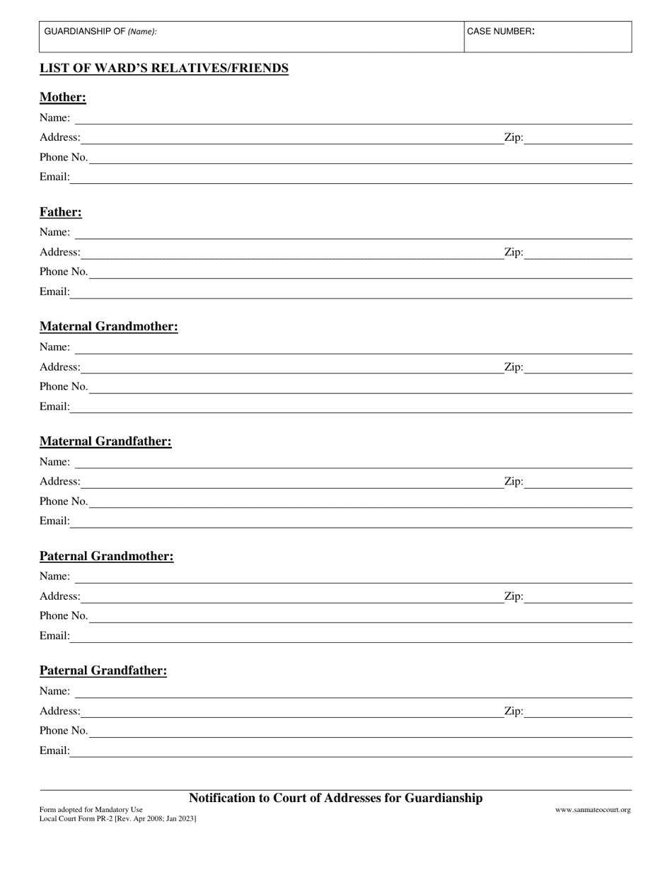 Form PR-2 Notification to Court of Addresses for Guardianship - County of San Mateo, California, Page 3