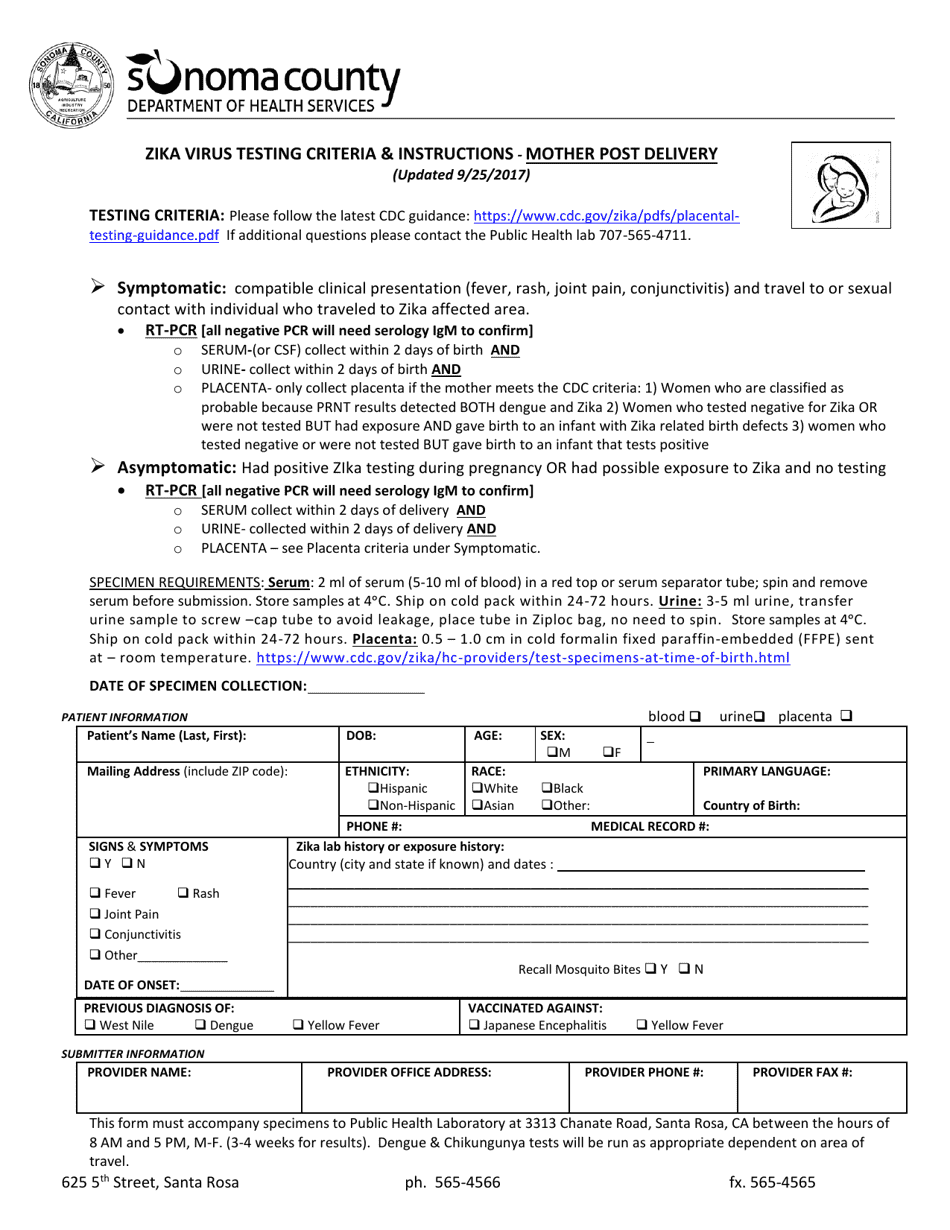 Zika Virus Testing Criteria  Instructions - Mother Post Delivery - Sonoma County, California, Page 1