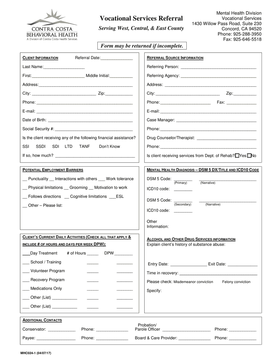 Form MHC024-1 Vocational Services Referral - Contra Costa County, California, Page 1