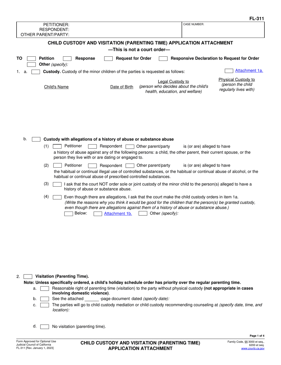 Form FL-311 Child Custody and Visitation (Parenting Time) Application Attachment - California, Page 1