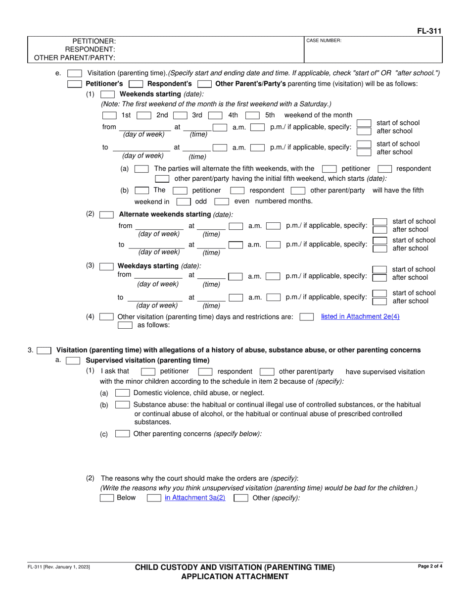 Form FL-311 Child Custody and Visitation (Parenting Time) Application Attachment - California, Page 2