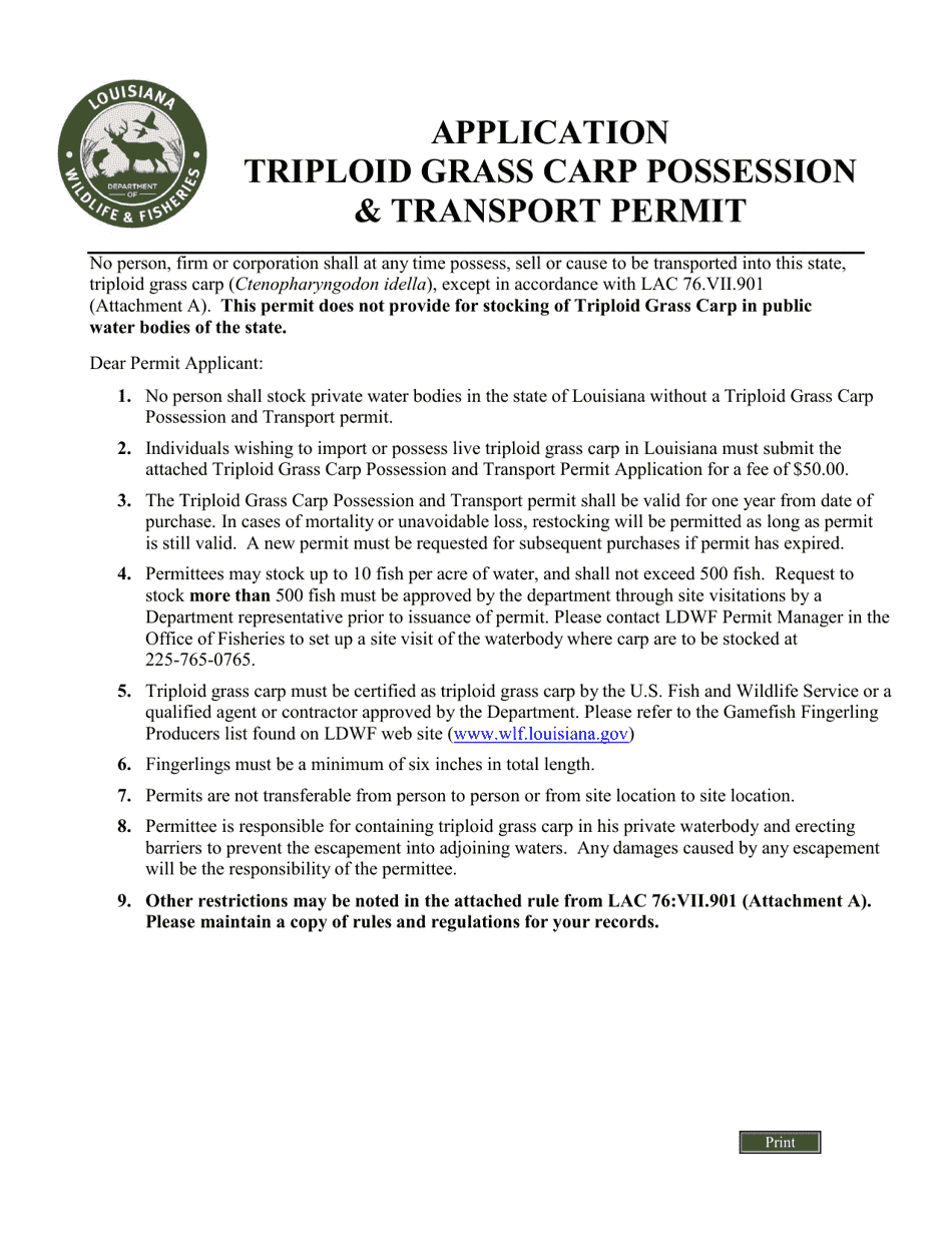Triploid Grass Carp Possession  Transport Permit Application - Louisiana, Page 1
