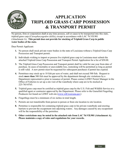 Triploid Grass Carp Possession & Transport Permit Application - Louisiana Download Pdf