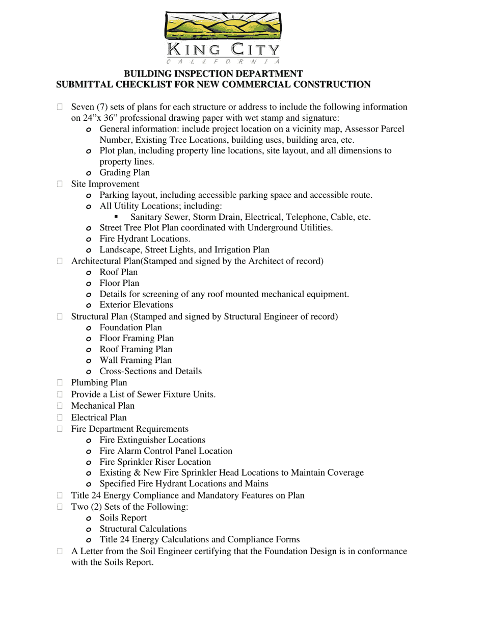 Submittal Checklist for New Commercial Construction - City of King, California, Page 1