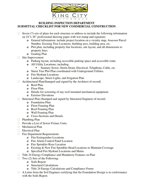 Submittal Checklist for New Commercial Construction - City of King, California Download Pdf
