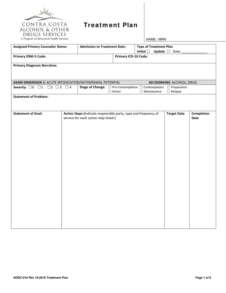 Form AODC-010 Treatment Plan - Conta Costa County, California, Page 1