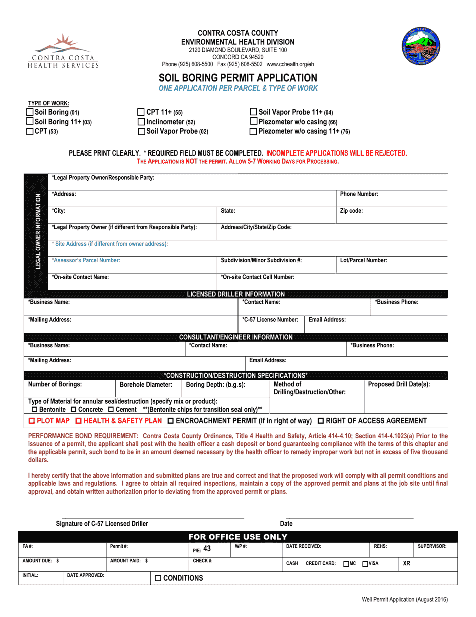Soil Boring Permit Application - Contra Costa County, California, Page 1
