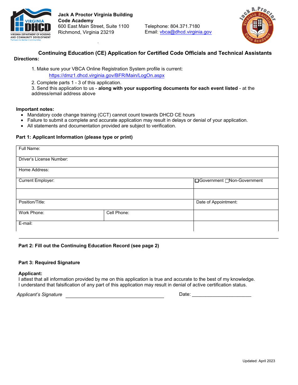 Continuing Education (Ce) Application for Certified Code Officials and Technical Assistants - Virginia, Page 1