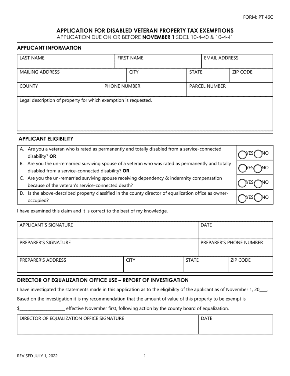 Form PT46C Application for Disabled Veteran Property Tax Exemptions - South Dakota, Page 1