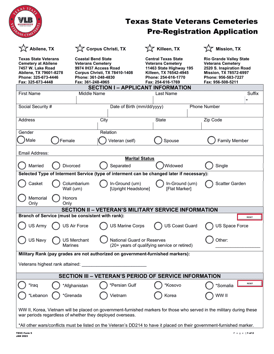 TSVC Form 5 Texas State Veterans Cemeteries Pre-registration Application - Texas, Page 1