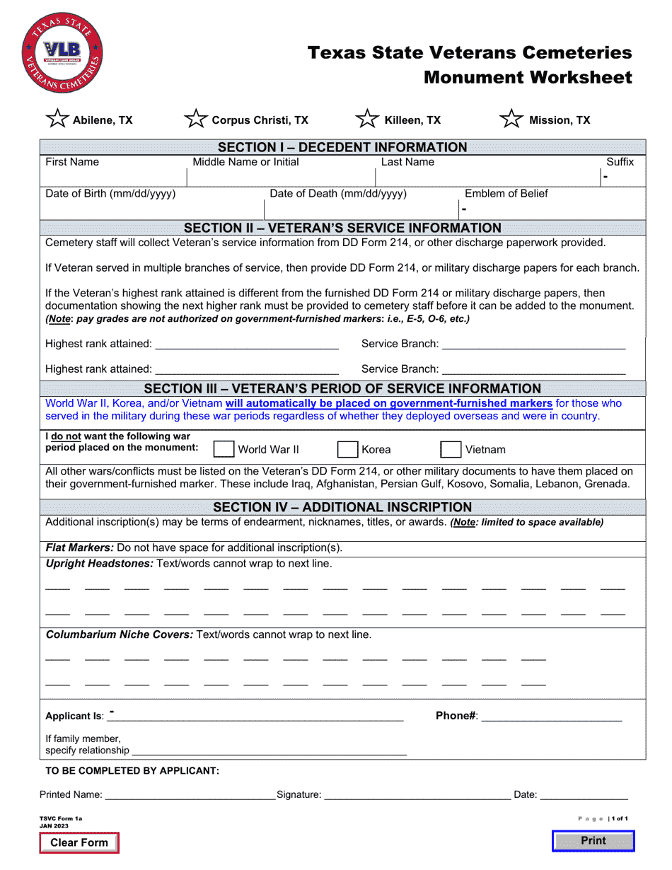 TSVC Form 1A Texas State Veterans Cemeteries Monument Worksheet - Texas, Page 1