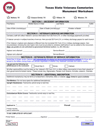 Document preview: TSVC Form 1A Texas State Veterans Cemeteries Monument Worksheet - Texas