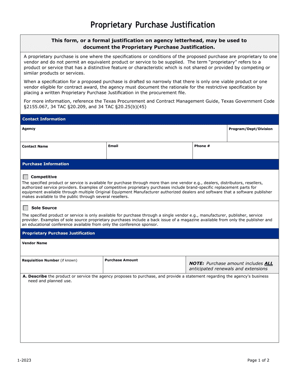 Texas Proprietary Purchase Justification Fill Out, Sign Online and