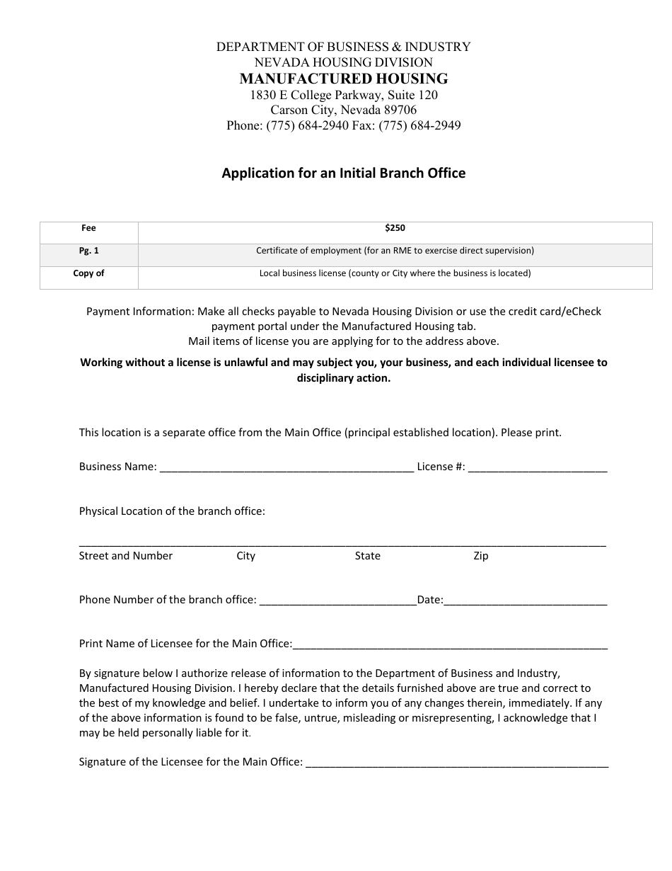 Form LIC-309 Application for an Initial Branch Office - Nevada, Page 1