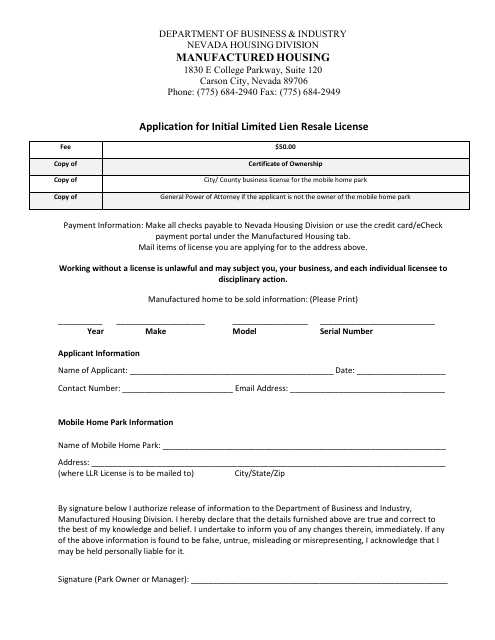 Form LIC-312 Application for Initial Limited Lien Resale License - Nevada
