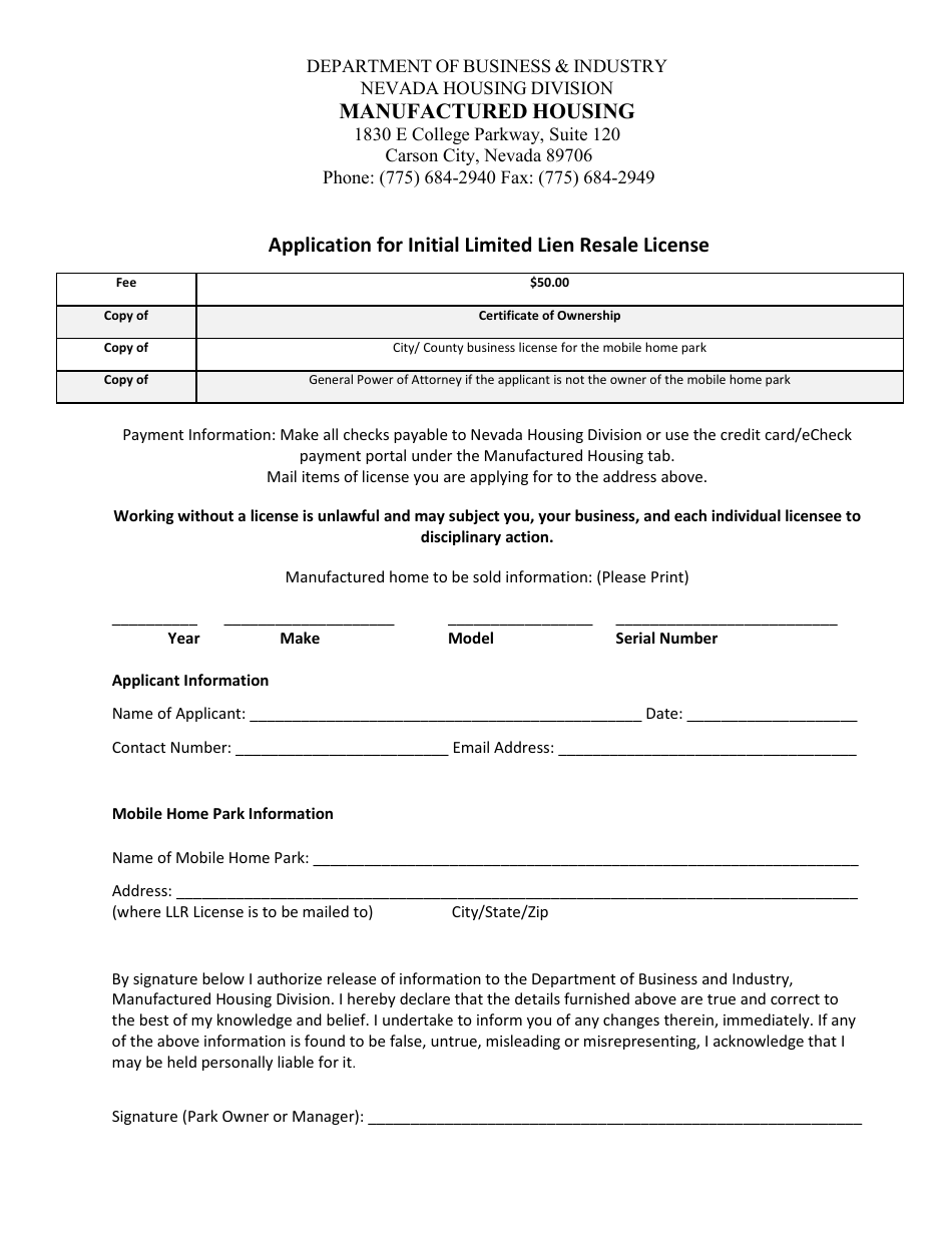 Form LIC-312 Application for Initial Limited Lien Resale License - Nevada, Page 1