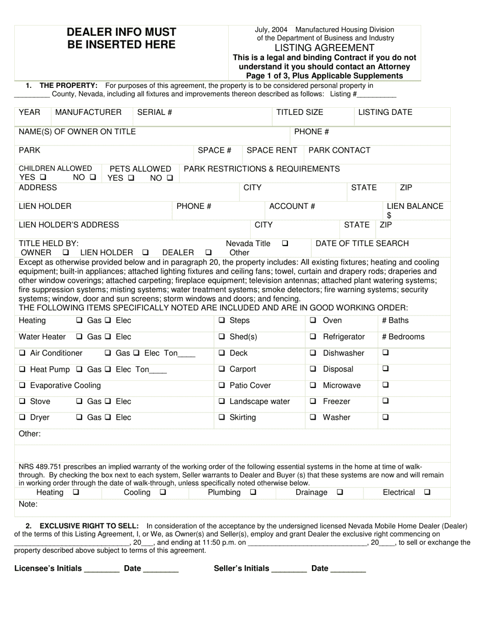 Dealer Listing Agreement Contract - Nevada, Page 1