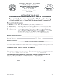 Document preview: Certificate of Employment for a Responsible Managing Employee (Rme) or Salesperson - Nevada