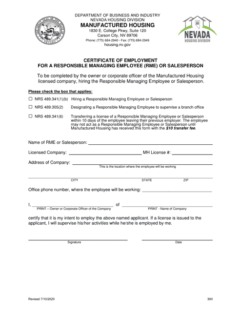 Certificate of Employment for a Responsible Managing Employee (Rme) or Salesperson - Nevada Download Pdf