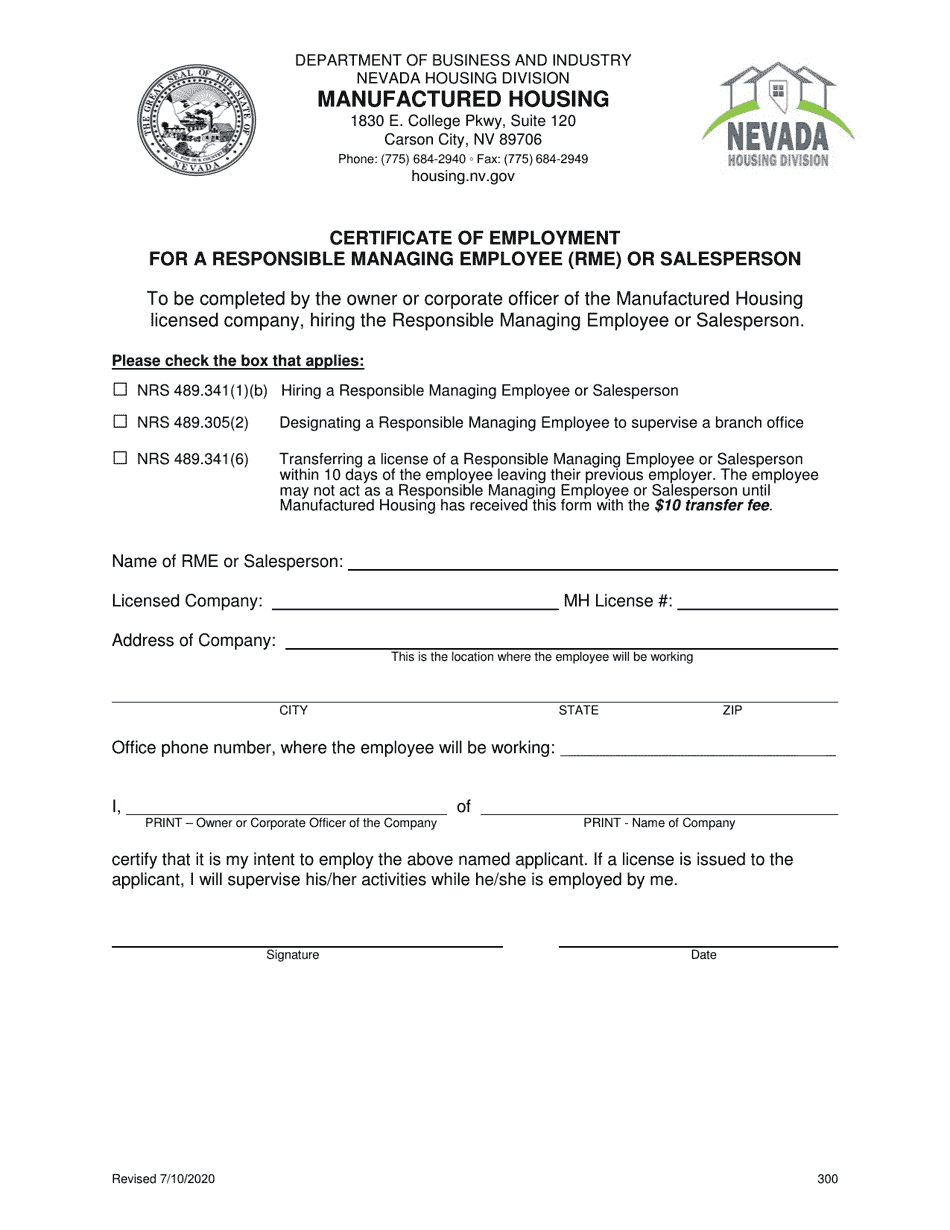 Certificate of Employment for a Responsible Managing Employee (Rme) or Salesperson - Nevada, Page 1
