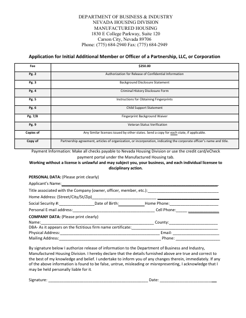 Form LIC-308 Application for Initial Additional Member or Officer of a Partnership, LLC, or Corporation - Nevada