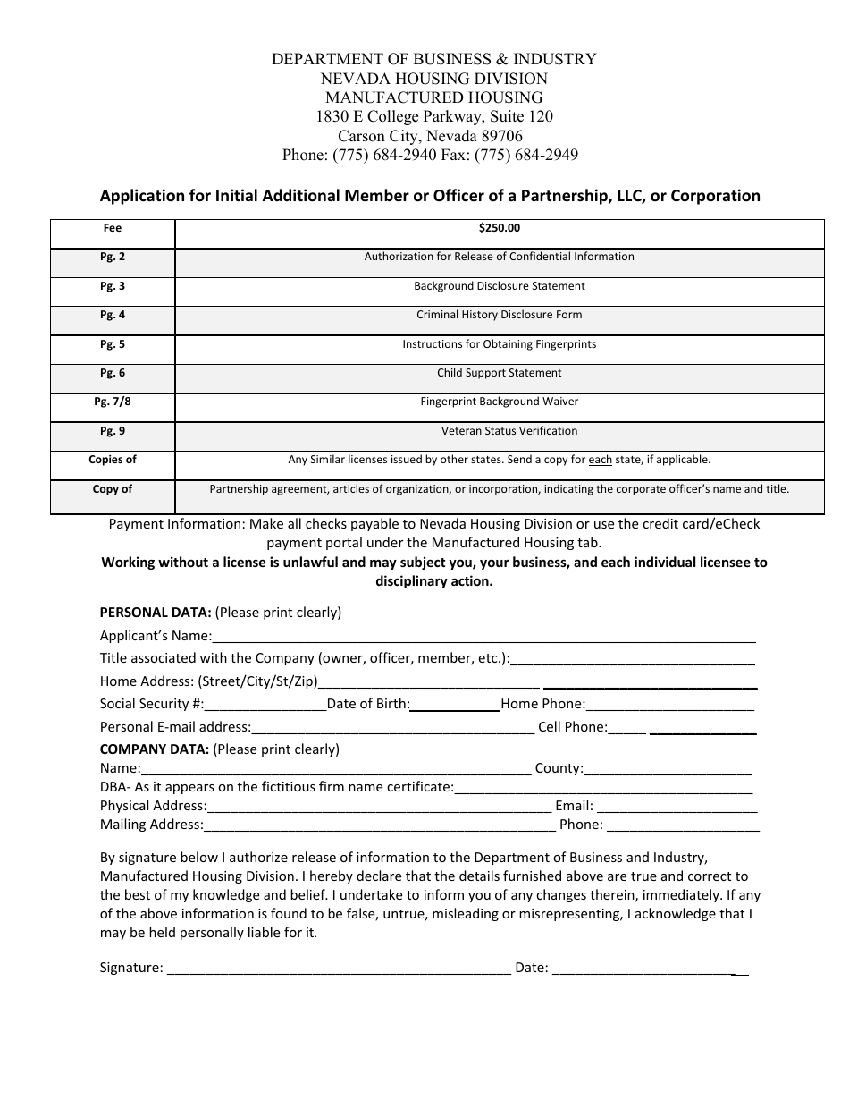 Form LIC-308 Application for Initial Additional Member or Officer of a Partnership, LLC, or Corporation - Nevada, Page 1
