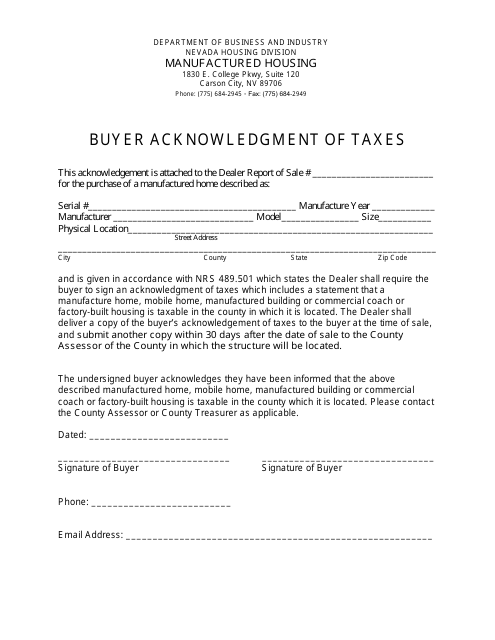 Buyer Acknowledgment of Taxes - Nevada Download Pdf