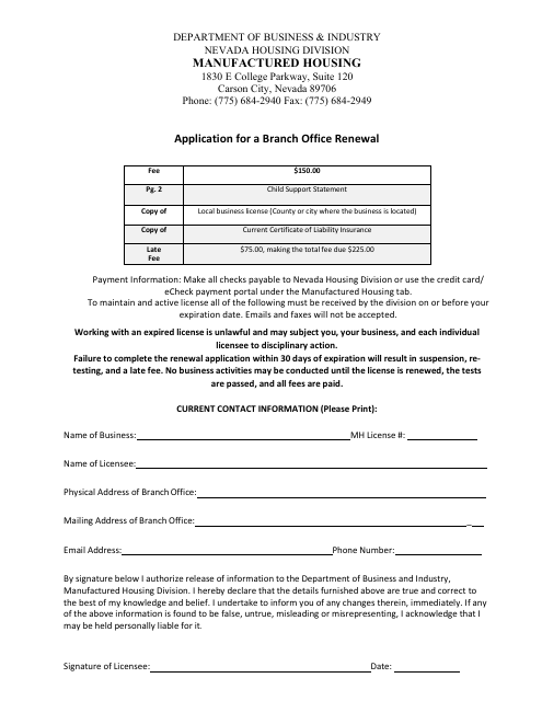 Form LIC-319 Application for a Branch Office Renewal - Nevada