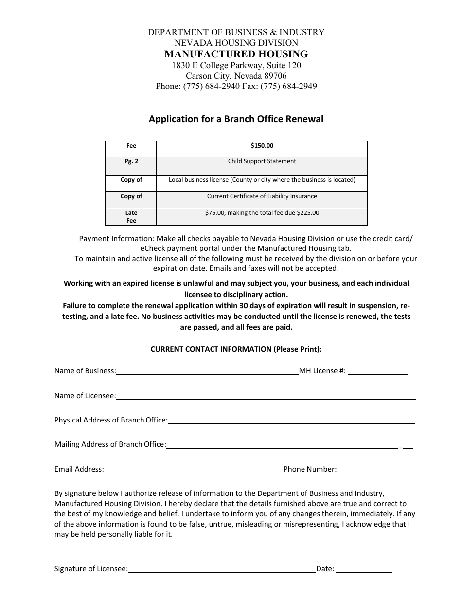 Form LIC-319 Application for a Branch Office Renewal - Nevada, Page 1